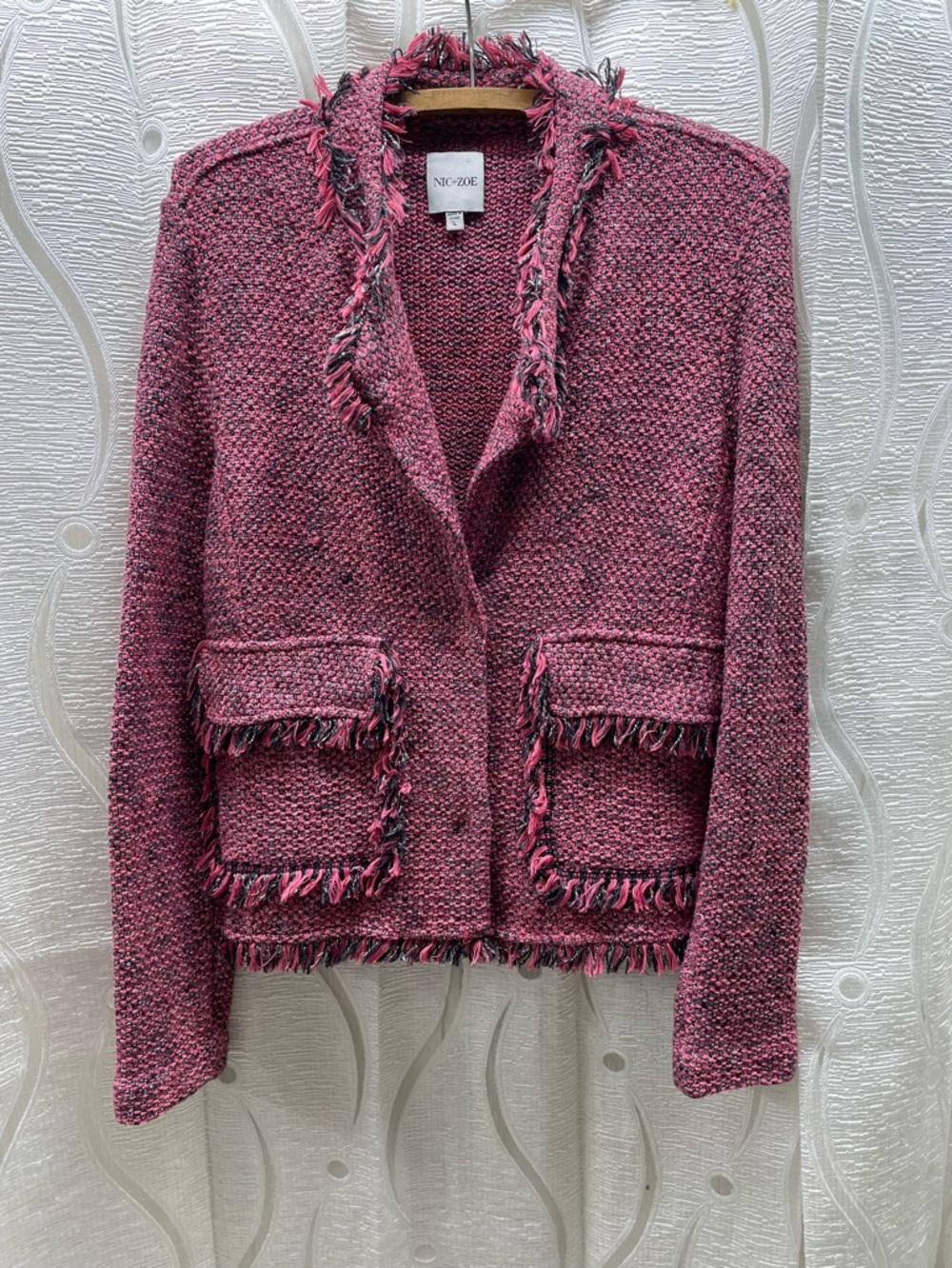 NIC+ZOE Knit Jacket Womens Large Pink Tweed Metallic Fringe Open Front Excellent